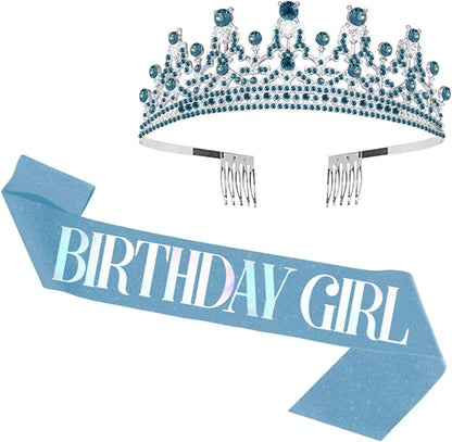 Birthday Girl Tiara and Sash - Birthday Girl Satin Sash Crystal Tiara Birthday Crown Birthday Party Supplies and Decoration Apparel & Accessories > Clothing Accessories > Sashes LATFZ New,birthday Girl,blue  