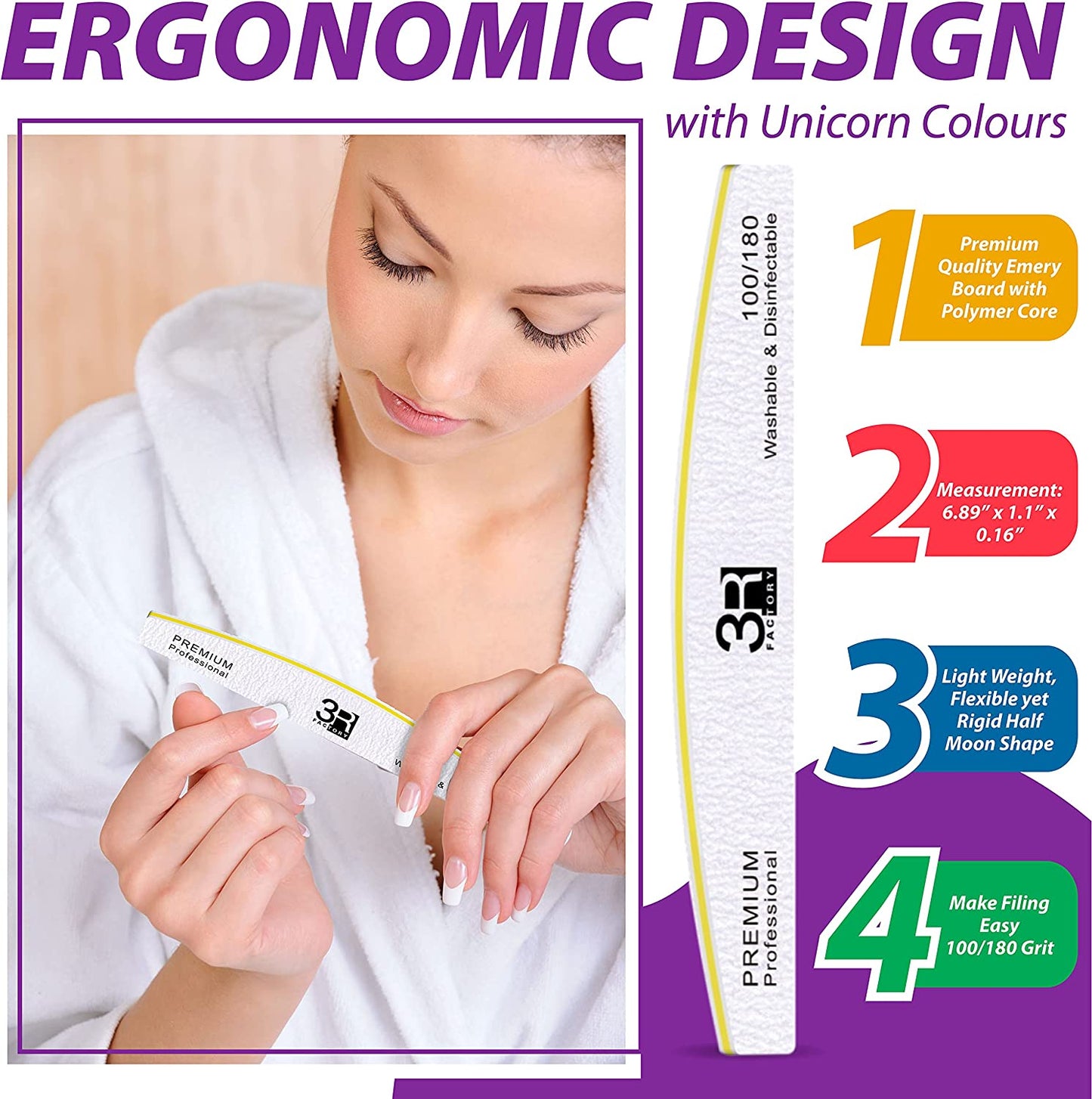 Nail Files - 3R Factory Acrylic Nail File 100/180, Nail Solution for Acrylic Nails, Acrylic Nail Remover, Professional Nail Salon Supplies, 2Pcs Each of Ergonomic Colors Design Border. (10Pcs Pack) Health & Beauty > Personal Care > Cosmetics > Cosmetic Tools > Nail Tools 3R Factory   