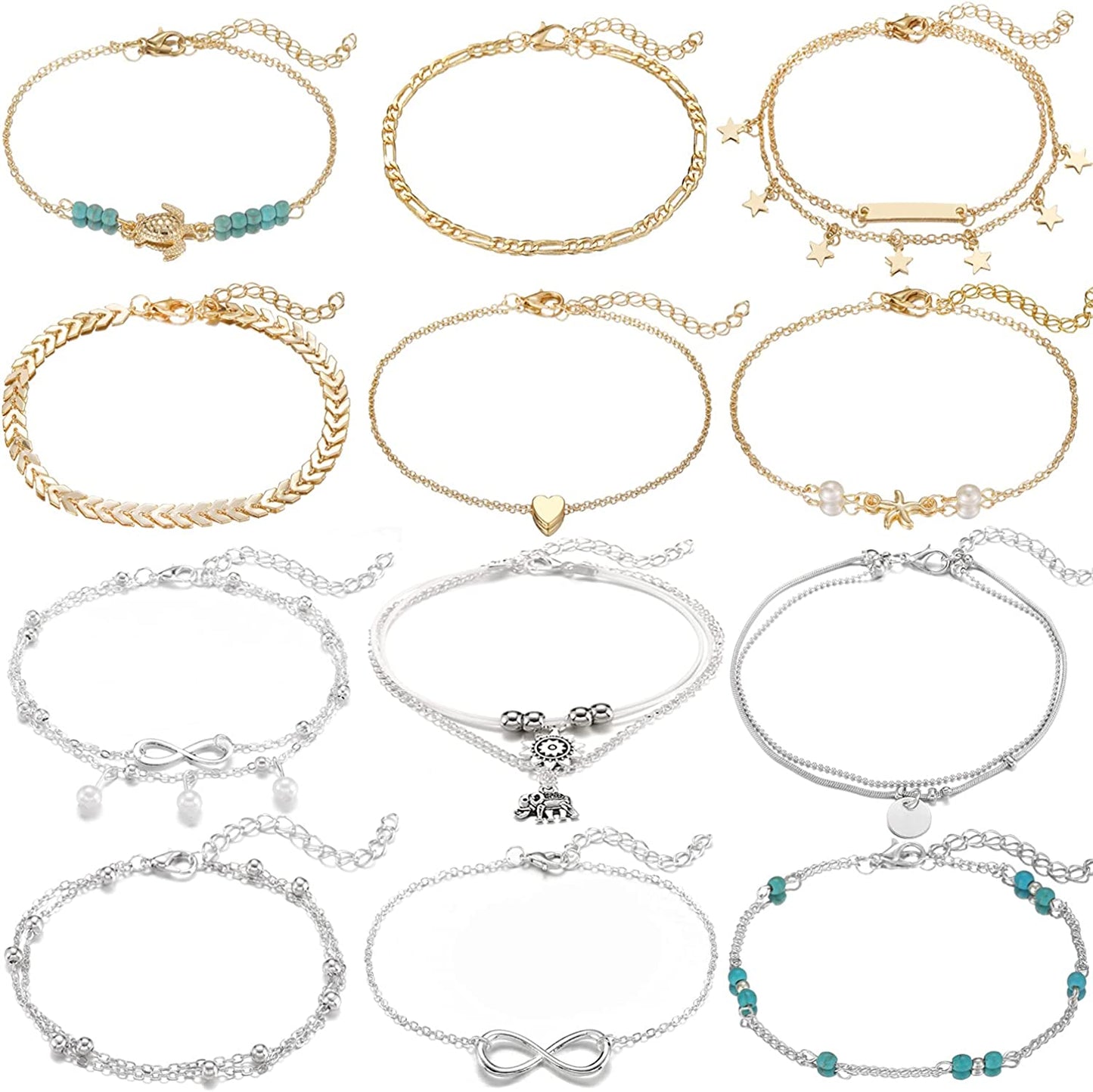 Starain 12Pcs Women'S Charm Anklet Set Gold Multilayer Adjustable Ankle Bracelets Boho Beach Foot Anklet for Women Girls Apparel & Accessories > Jewelry > Anklets Starain 12Pcs Silver and Gold  