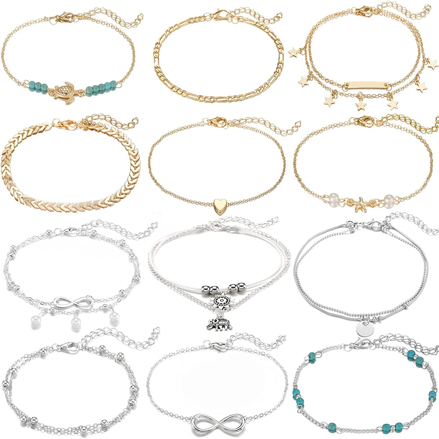 Starain 12Pcs Women'S Charm Anklet Set Gold Multilayer Adjustable Ankle Bracelets Boho Beach Foot Anklet for Women Girls Apparel & Accessories > Jewelry > Anklets Starain 12Pcs Silver and Gold  
