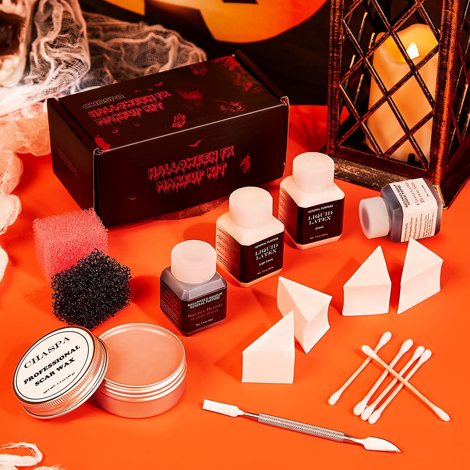 CHASPA Halloween Liquid Latex Special Effects SFX Makeup Kit - Scar Wax + 2 Btl Liquid Latex + 2 Btl Fake Blood + Spatula Tool + 2Pcs Stipple Sponge + 4Pcs Makeup Sponges + Cotton Swabs Health & Beauty > Personal Care > Cosmetics > Cosmetic Tools > Makeup Tools CHASPA   