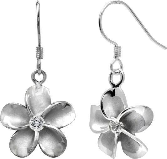 Honolulu Jewelry Company Sterling Silver Plumeria Flower Nature Hook Earrings with Czs, 12Mm Apparel & Accessories > Jewelry > Earrings Honolulu Jewelry Company   
