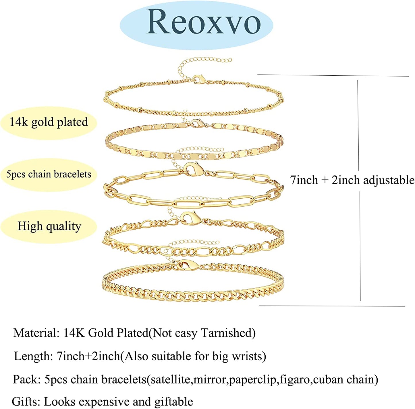 Reoxvo Dainty Gold Chain Bracelets Set for Women 14K Real Gold Plated Link Chain Bracelets for Women Trendy Gold Stackable Bracelets for Women Adjustable 7"+2" Apparel & Accessories > Jewelry > Bracelets Reoxvo   