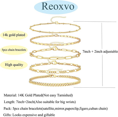 Reoxvo Dainty Gold Chain Bracelets Set for Women 14K Real Gold Plated Link Chain Bracelets for Women Trendy Gold Stackable Bracelets for Women Adjustable 7"+2" Apparel & Accessories > Jewelry > Bracelets Reoxvo   