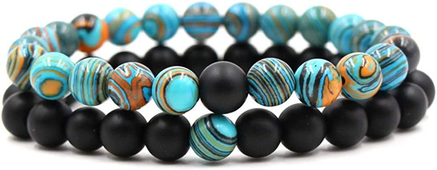 CNLQ Long Distance Bracelets for Lovers Couples Matching Gift Matte Agate 8Mm Bead Stone (Elastic Red) Apparel & Accessories > Jewelry > Bracelets LeZisuIre Malachite Blue  