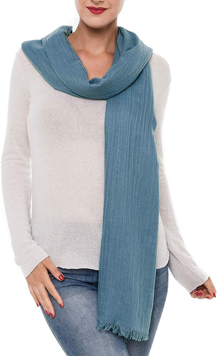 Scarfs for Women Fashion Lightweight Solid Colors Wrap Shawl for Fall Winter Apparel & Accessories > Clothing Accessories > Scarves & Shawls MIMOSITO 2 Fringed Edges, Blue  