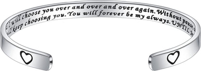 M MOOHAM Bracelets for Women- Engraved Quote Inspirational Bracelet Birthday Christmas Funny Gifts for Best Friend, Daughter, Son, Sister, Niece, Mom, Coworkers, Stainless Steel Jewelry Apparel & Accessories > Jewelry > Bracelets M MOOHAM I CHOOSE YOU.And I will choose you over and over and over again.  
