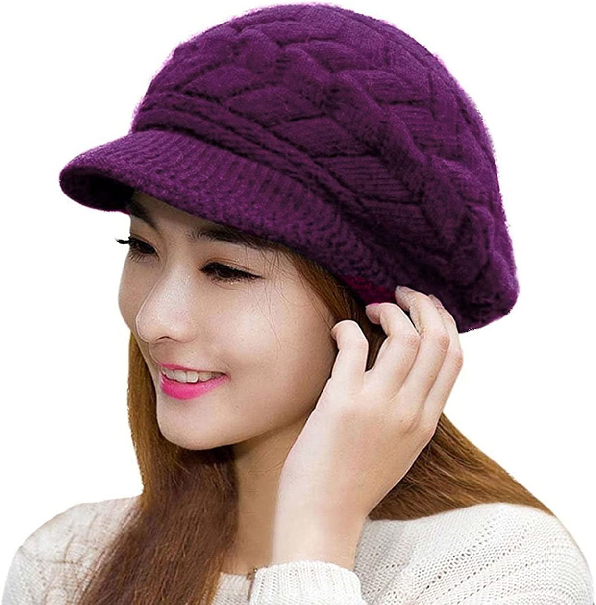 HINDAWI Women Winter Warm Knit Hat Wool Snow Ski Caps with Visor Apparel & Accessories > Clothing Accessories > Hats HINDAWI Purple  