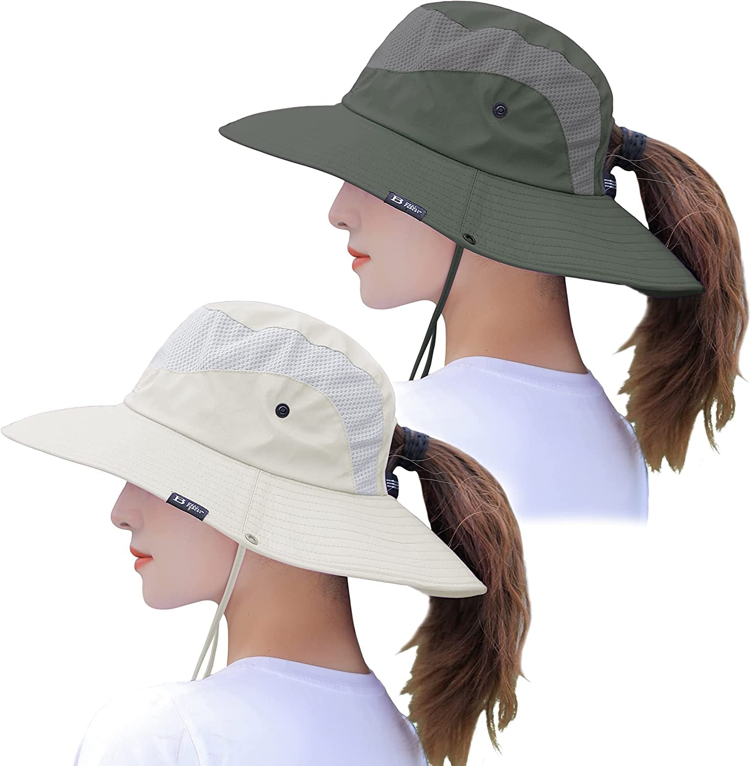Muryobao 2 Pack Womens Sun Hat Wide Brim UV Protection Beach Hats with Ponytail Hole Apparel & Accessories > Clothing Accessories > Hats Muryobao 2 Pack - Beige & Green  