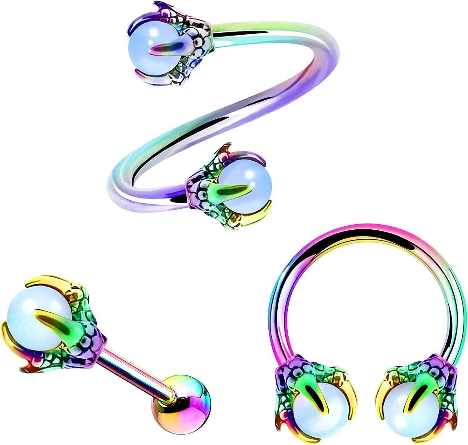 OUFER 3PCS Cartilage Earrings, 316L Surgical Steel Mixed Earrings with Dragon Claw Twist Helix Earring Ear Body Piercing Jewelry Tragus Earring Apparel & Accessories > Jewelry > Earrings OUFER Rainbow with Opalite Stone  