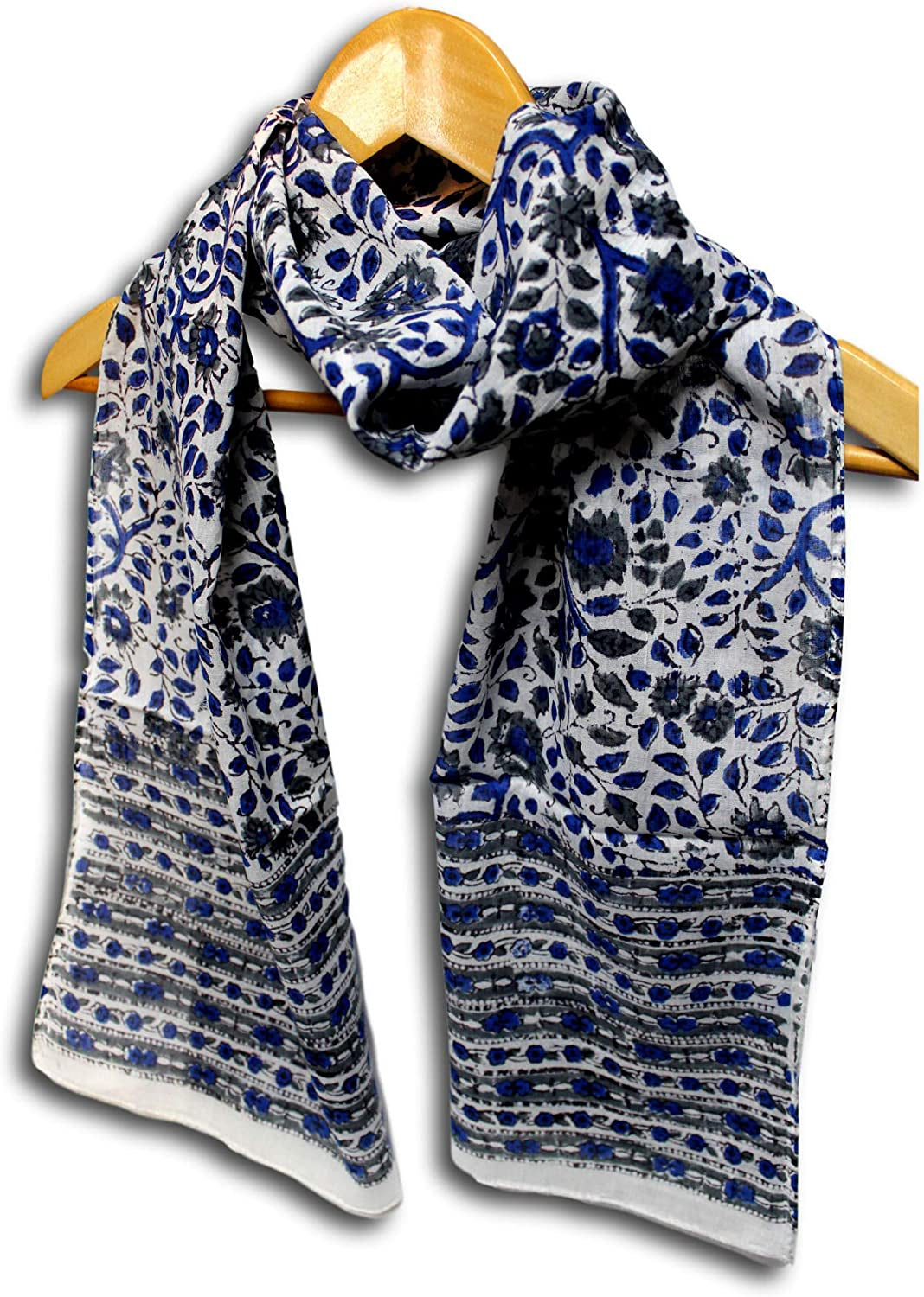 Large Cotton Scarfs for Women Lightweight Soft Sheer Neck Scarf, Head Scarf, Block Print Summer Floral Scarf, Bandanas for Women, Handmade Blue Gray Fashion Scarf Shawl Stole and Wraps 15X72 Inches Apparel & Accessories > Clothing Accessories > Scarves & Shawls Homestead   