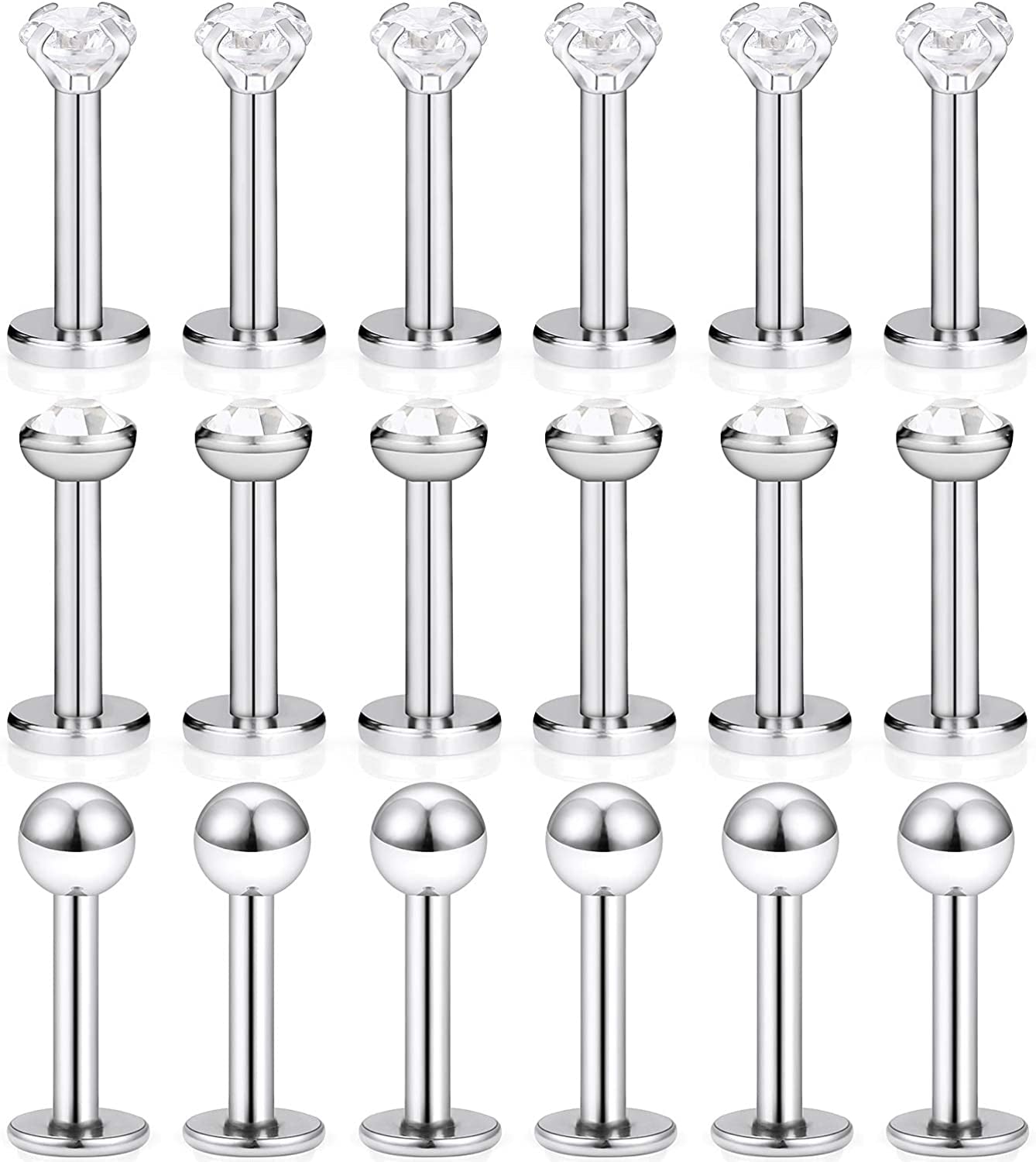 SCERRING 18PCS 16G Stainless Steel Clear Cubic Zirconia Labret Monroe Lip Tragus Cartilage Helix Earring Ring Body Piercing Jewelry 6Mm 8Mm 10Mm Apparel & Accessories > Jewelry > Body Jewelry SCERRING 6mm Silver  