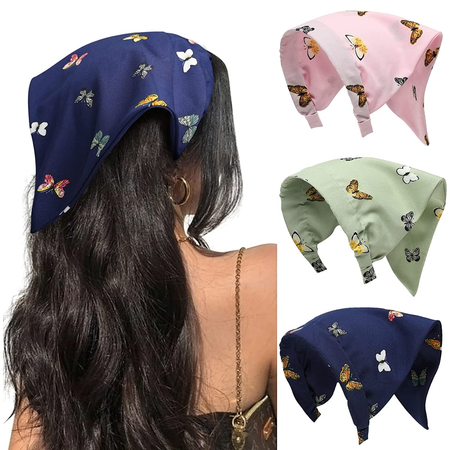 Floral Hair Scarf Headbands for Women - HAIMEIKANG Boho Hair Bandanas Scarf for Women Triangle Head Kerchief Solid Color Hair Bands Vintage Head Scarf (Beige+Yellow+Black) Apparel & Accessories > Clothing Accessories > Bandanas & Headties HAIMEIKANG Butterfly Printed Pink+green+blue  