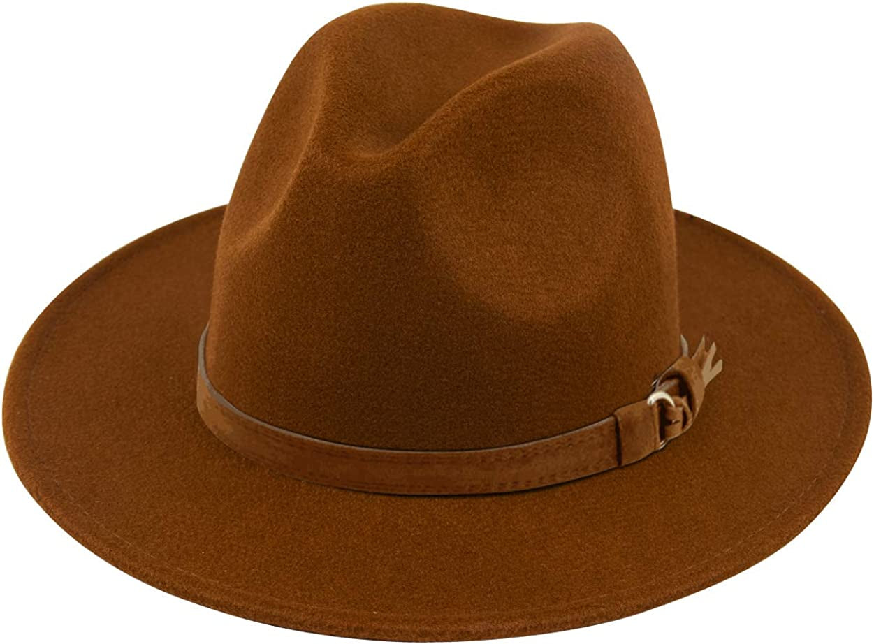 Lanzom Womens Classic Wide Brim Floppy Panama Hat Belt Buckle Wool Fedora Hat Apparel & Accessories > Clothing Accessories > Hats Lanzom Z Buckle Belt-coffee One Size 