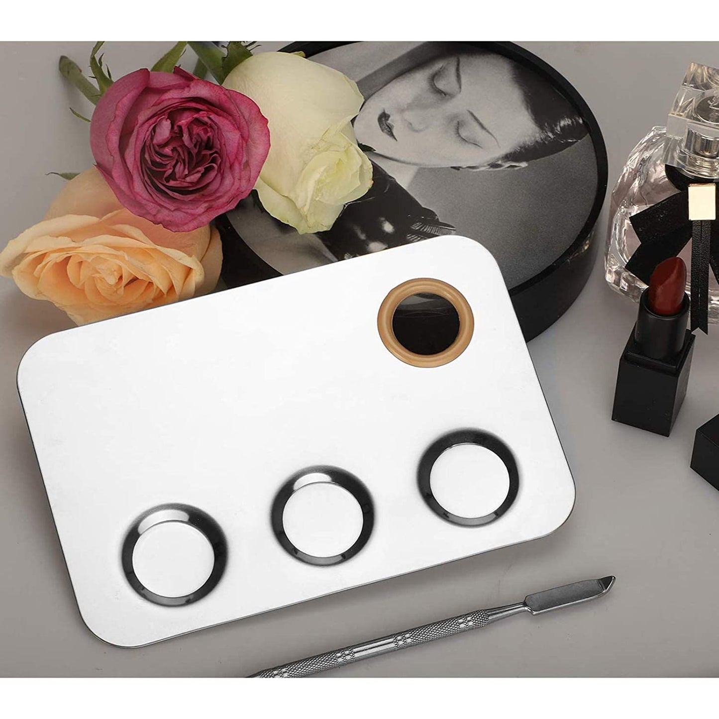 Kissdate Makeup Palette 6X4Inch Stainless Steel 3-Well Nail-Art Cosmetic Artist Mixing Palette with Spatula Tool for Mixing Foundation Silver Health & Beauty > Personal Care > Cosmetics > Cosmetic Tools > Makeup Tools KissDate   