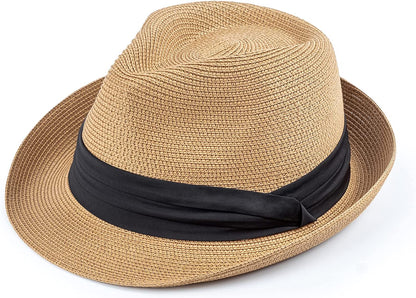 DRESHOW Women Straw Panama Hat Fedora Beach Sun Hat Wide Brim Straw Roll up Hat UPF 50+ Apparel & Accessories > Clothing Accessories > Hats DRESHOW 1 Pack:aa Khaki F  