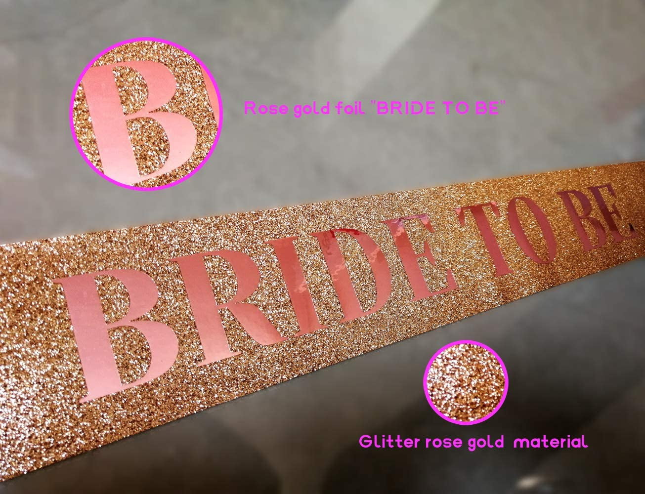 Rose Gold Glitter Bride to Be Sash and Glitter Rhinestone Bride Tiara and White Double Ribbon Edge Center Cascade Veil with Comb Bachelorette Party Apparel & Accessories > Clothing Accessories > Sashes KUNG FU PARTY   