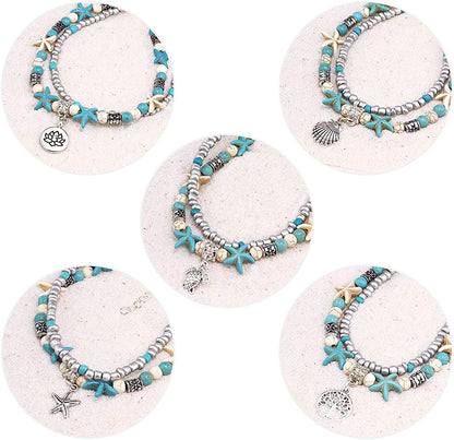 Suyi 5Pcs Layered Beach Anklets for Women Girls Adjustable Sea Turtle Anklets Bracelets Boho Anklet Foot Jewelry Apparel & Accessories > Jewelry > Anklets Suyi   