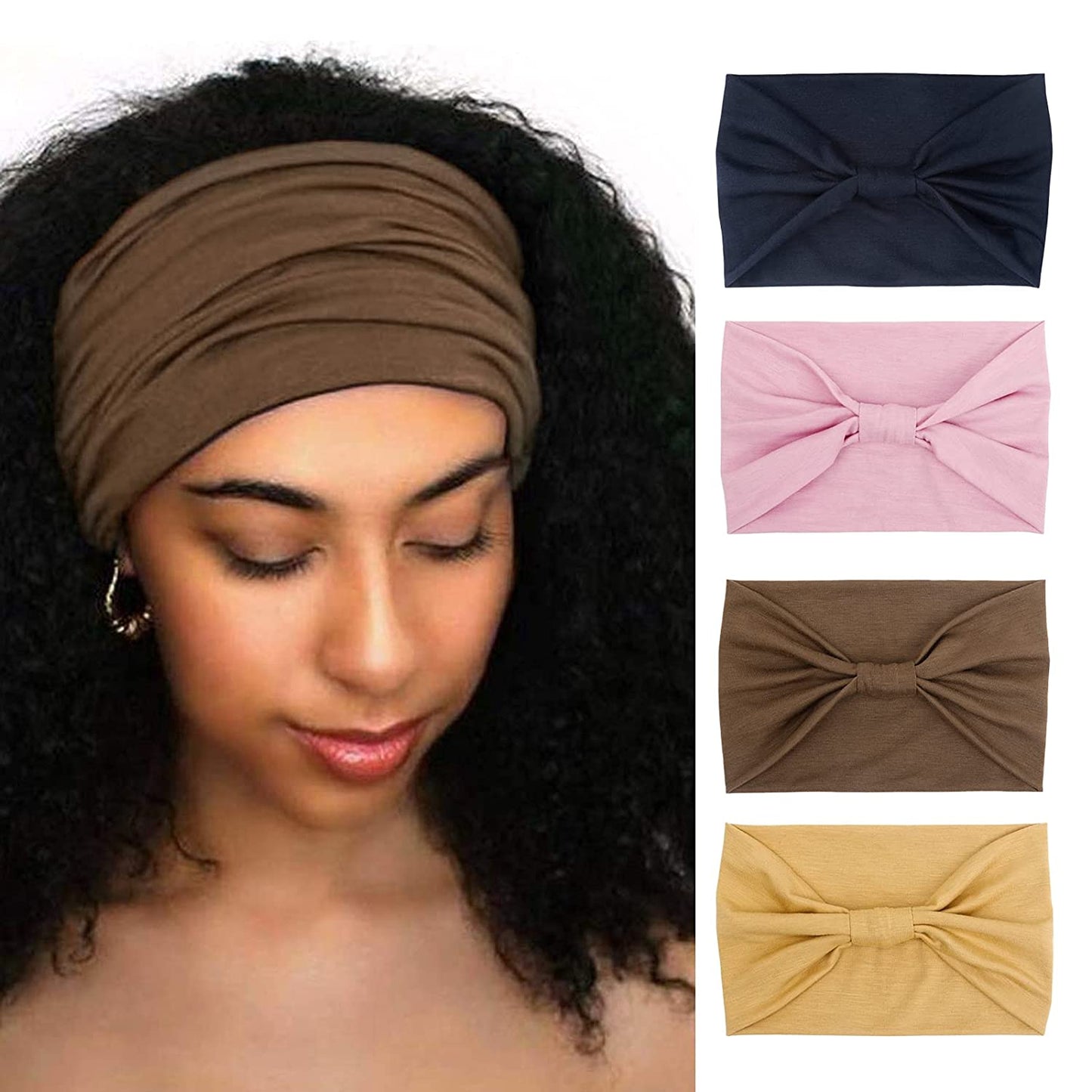Wide Headbands for Women Black Stylish Head Wraps Boho Thick Hairbands Large African Sport Yoga Turban Headband Hair Accessories (Pack of 4) Apparel & Accessories > Clothing Accessories > Bandanas & Headties Huachi Headbands 7  