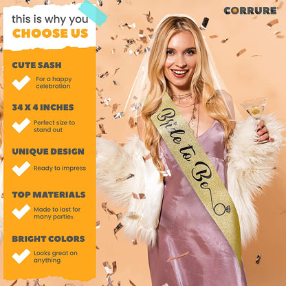 CORRURE 'Bride to Be' Sash for Bachelorette Party - Bridal Shower Gold Glitter Sash with Black Foil Lettering - Hen Party Decorations Supplies Accessories, Wedding Engagement Party Favors Gift Apparel & Accessories > Clothing Accessories > Sashes CORRURE   