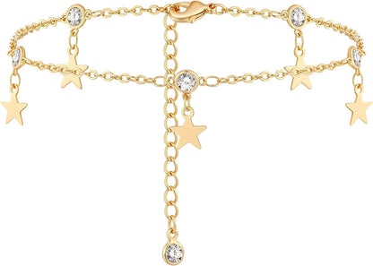 VACRONA Gold Anklets for Women 14K Gold Plated Boho Beach Beaded Chain Anklet Dainty Turquoises Evil Eye Ankle Bracelet Adjustable Chain Anklet Foot Jewelry Apparel & Accessories > Jewelry > Anklets VACRONA CZ Star  