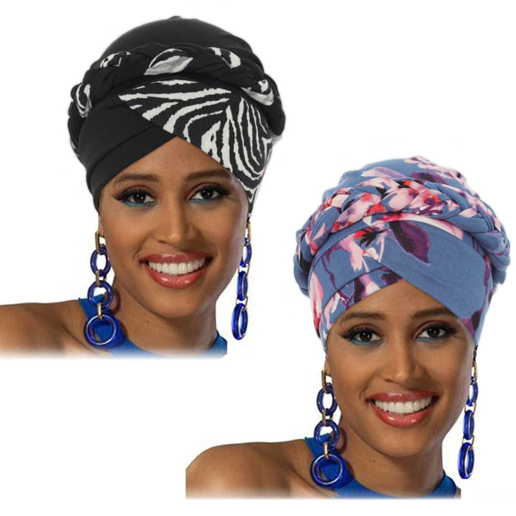 Woeoe African Turban Leopard Print Stretch Headwear Print Pattern Head Scarf Elastic Beanie Cap Head Wrap for Women and Girls(2 Pieces) Red Apparel & Accessories > Clothing Accessories > Headwear Woeoe Blue  