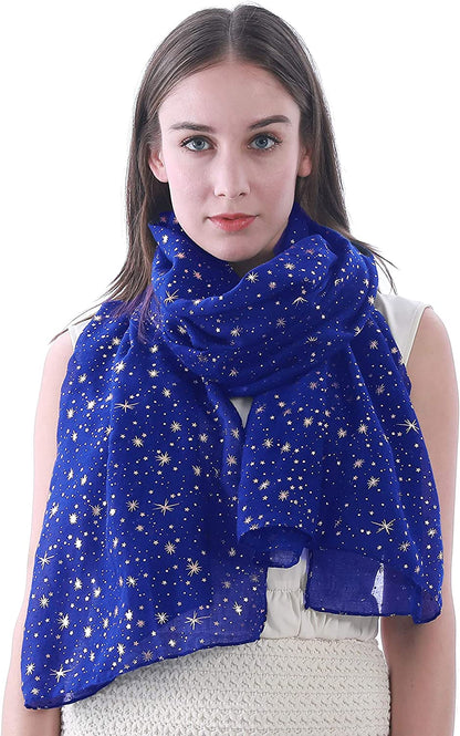 Lina & Lily Silver Gold Glitters Shimmer Foil Stars Women Scarf Shawl Wrap Apparel & Accessories > Clothing Accessories > Scarves & Shawls Lina & Lily Royal Blue (Gold Stars)  