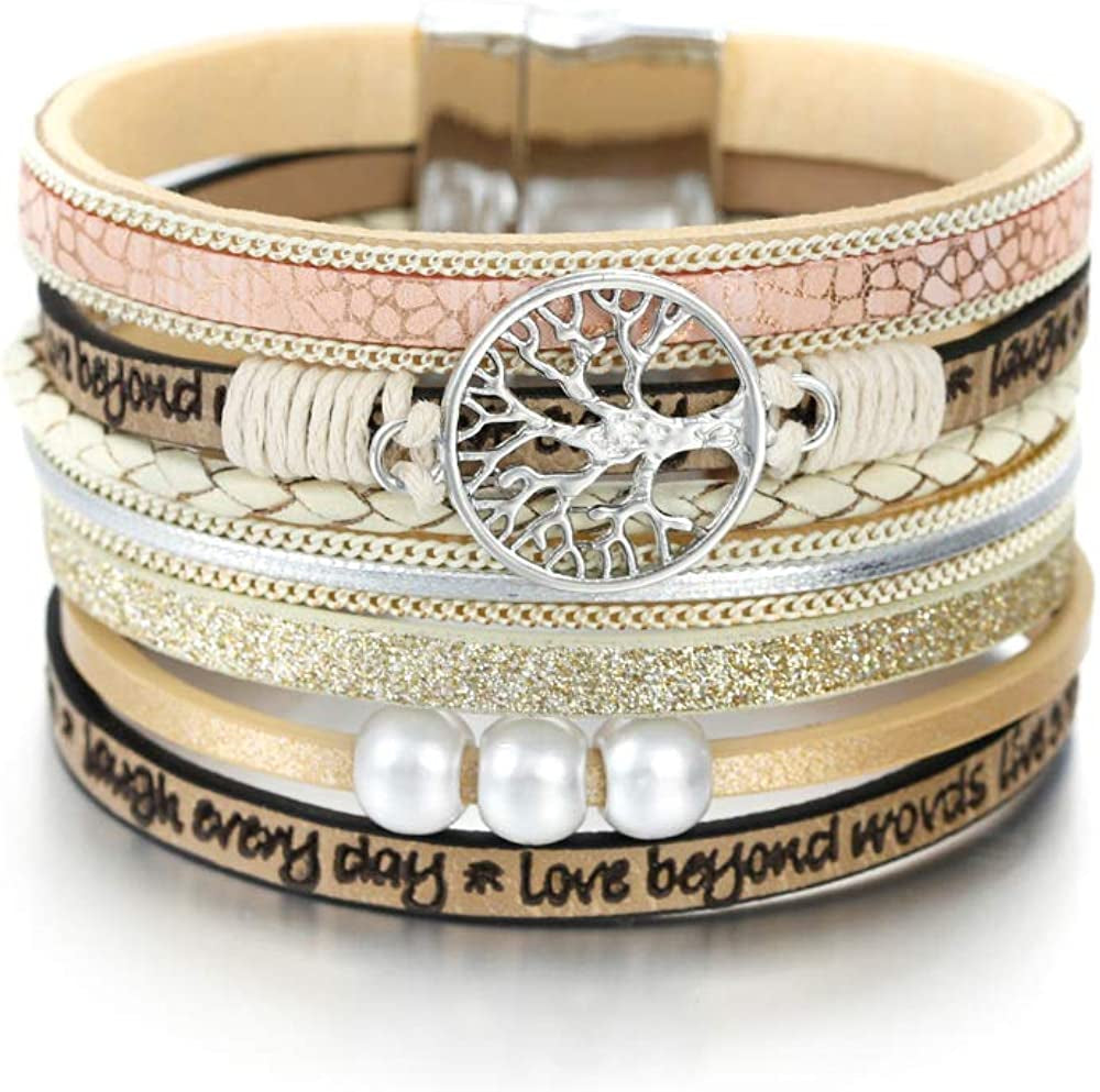 Fesciory Leather Wrap Bracelet for Women, Leopard Multi-Layer Magnetic Buckle Cuff Bracelet Jewelry Apparel & Accessories > Jewelry > Bracelets Fesciory B27-Tree of Life(Beige)  