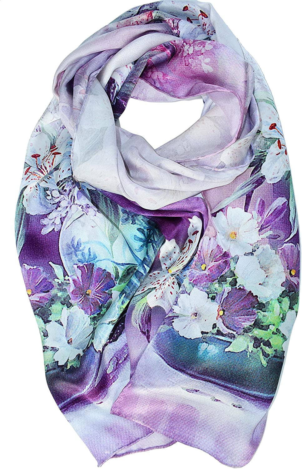 ELEGNA Women'S 100% Silk Flower Painting Long Scarf Shawl Hand Rolled Edge Apparel & Accessories > Clothing Accessories > Scarves & Shawls Elegna Purple Lily  