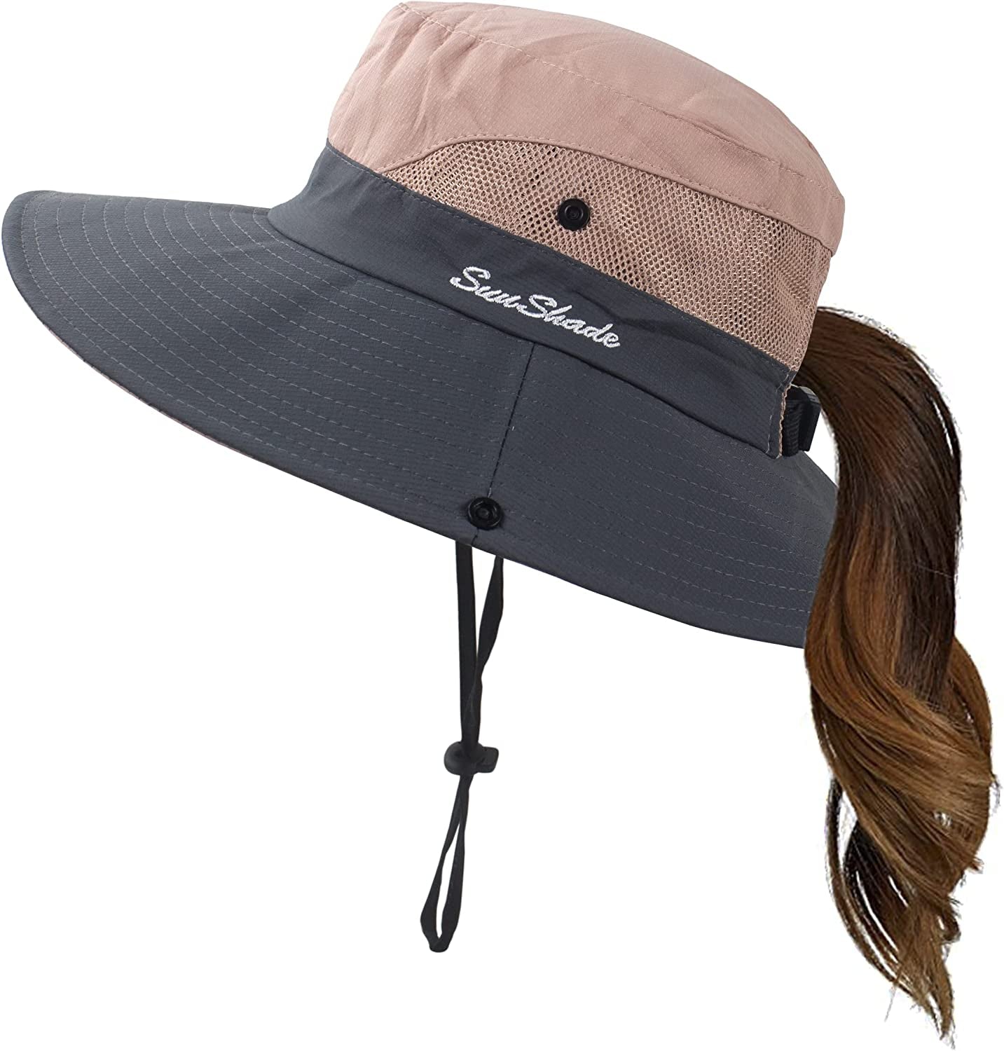 Mukeyo Womens Summer Sun Hat Wide Brim Outdoor UV Protection Hat Foldable Ponytail Bucket Cap for Beach Fishing Hiking Apparel & Accessories > Clothing Accessories > Hats Mukeyo Pink  