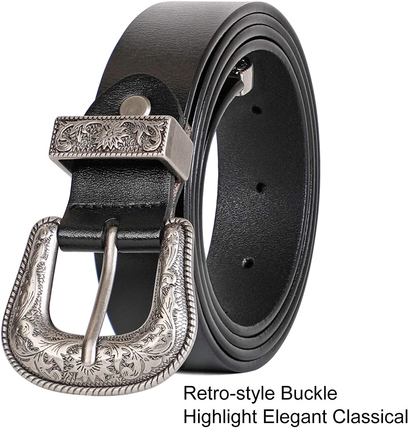 Women Leather Belts Ladies Vintage Western Design Black Waist Belt for Pants Jeans Dresses Apparel & Accessories > Clothing Accessories > Belts KYLIE MAX   