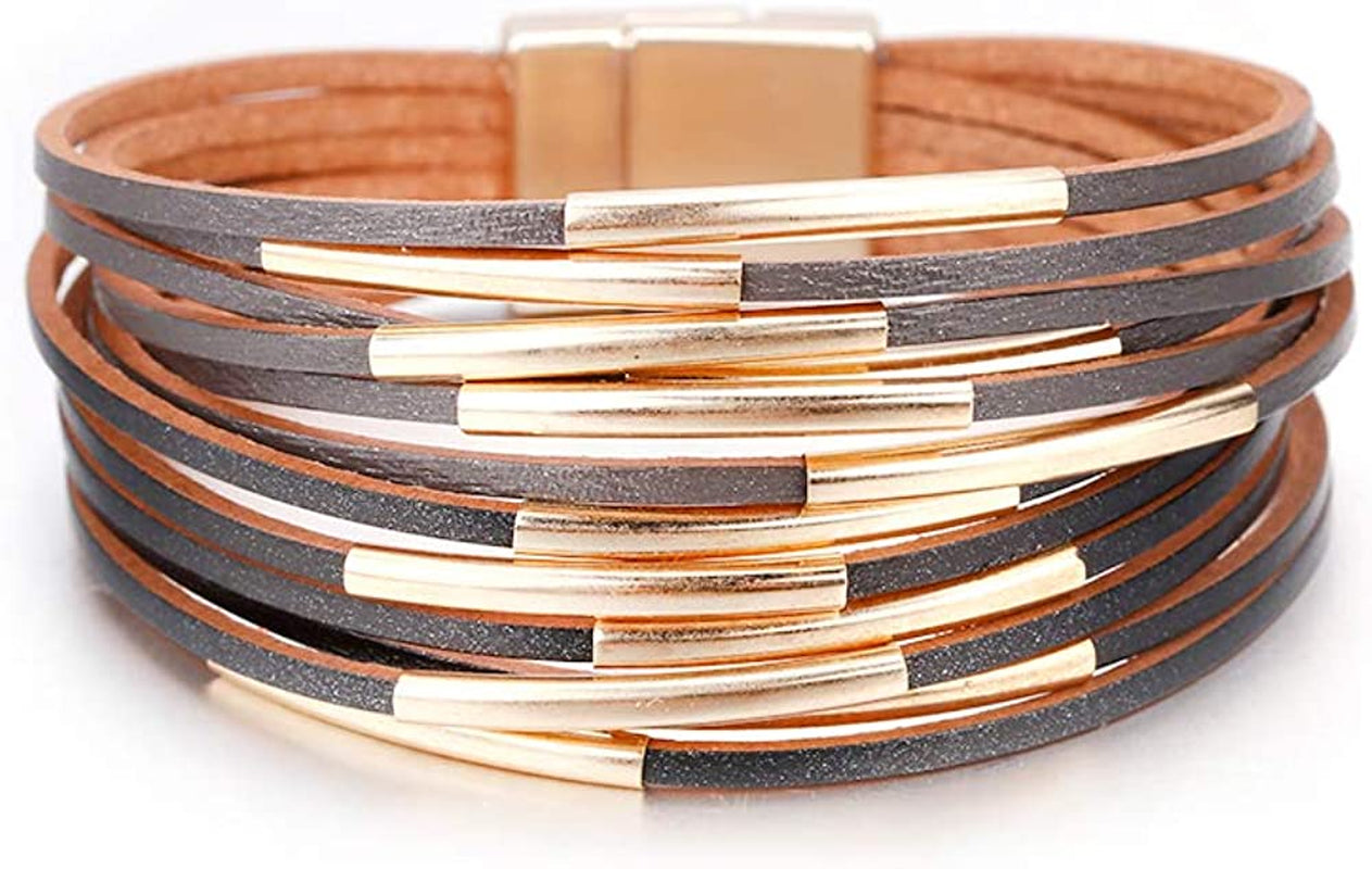 Fesciory Leather Wrap Bracelet for Women, Leopard Multi-Layer Magnetic Buckle Cuff Bracelet Jewelry Apparel & Accessories > Jewelry > Bracelets Fesciory B20-Black and Gray  