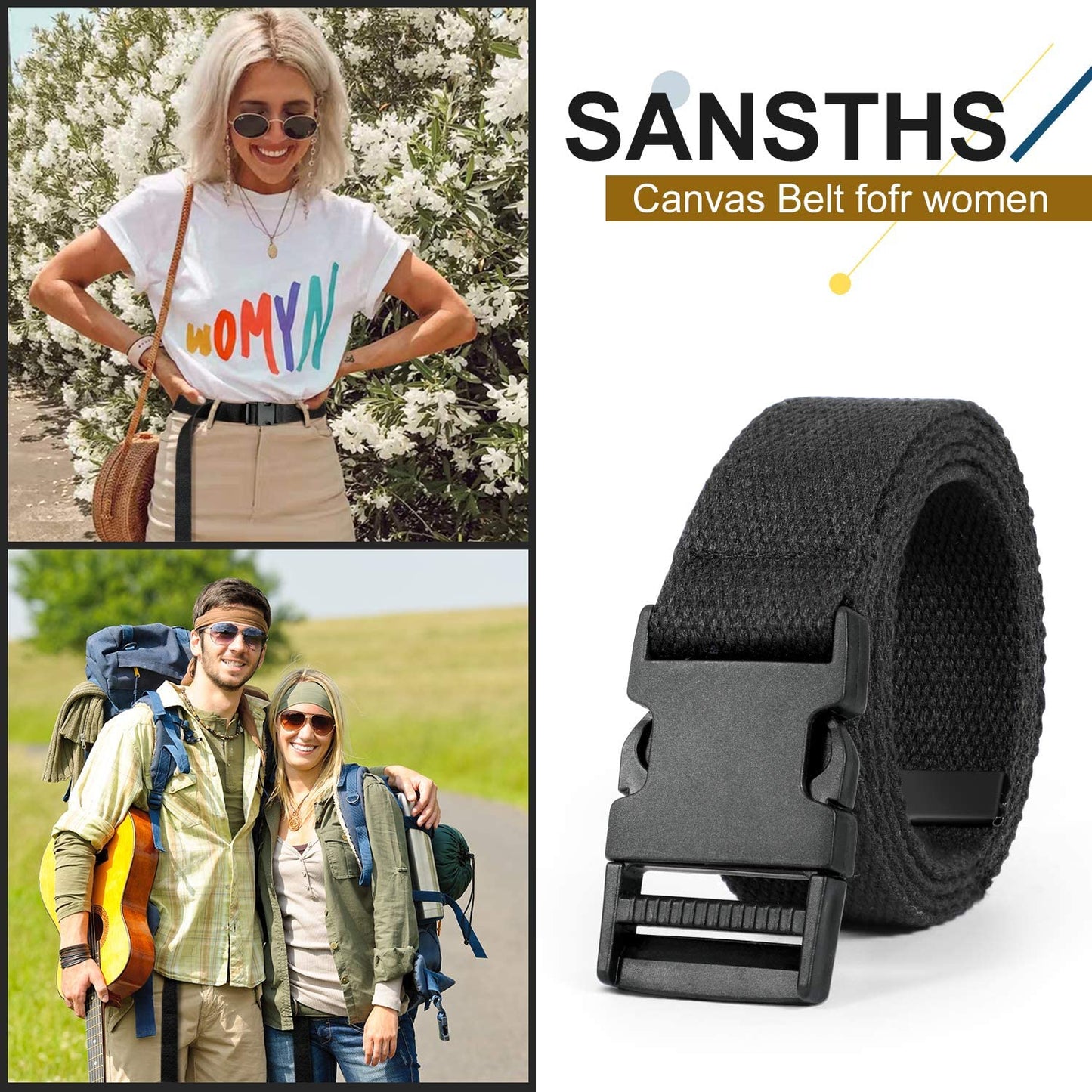 Canvas Long Belt for Women ,SANSTHS Hip Hop Streetwear Style Black Buckle Cargo Belt with Flat Plastic Buckle for Jeans Dress Apparel & Accessories > Clothing Accessories > Belts SANSTHS   