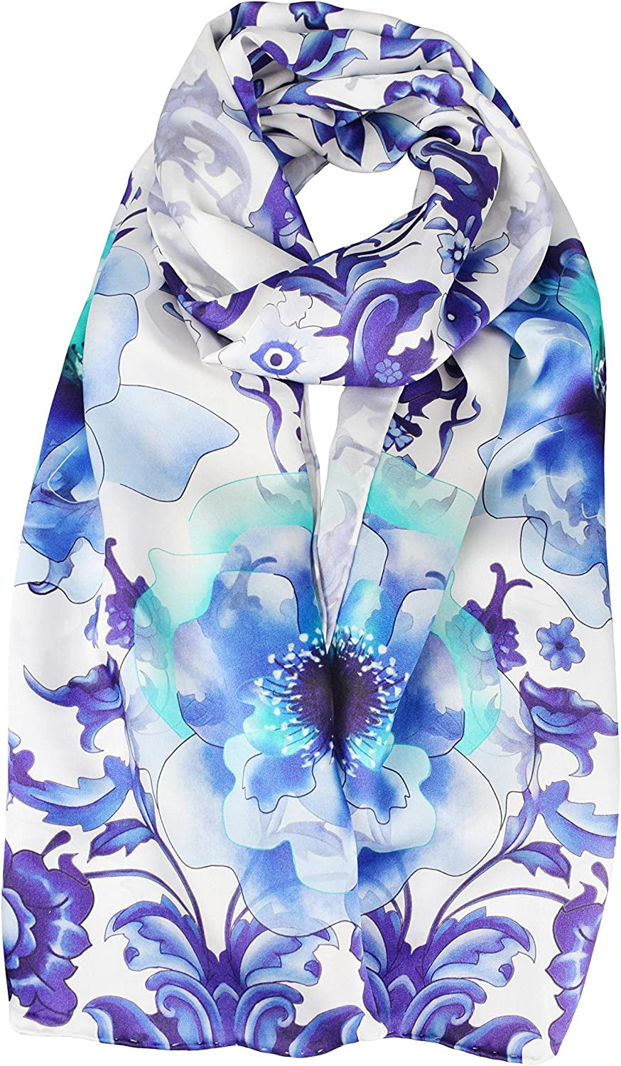 ELEGNA Women'S 100% Silk Flower Painting Long Scarf Shawl Hand Rolled Edge Apparel & Accessories > Clothing Accessories > Scarves & Shawls Elegna Blue and White Porcelain  