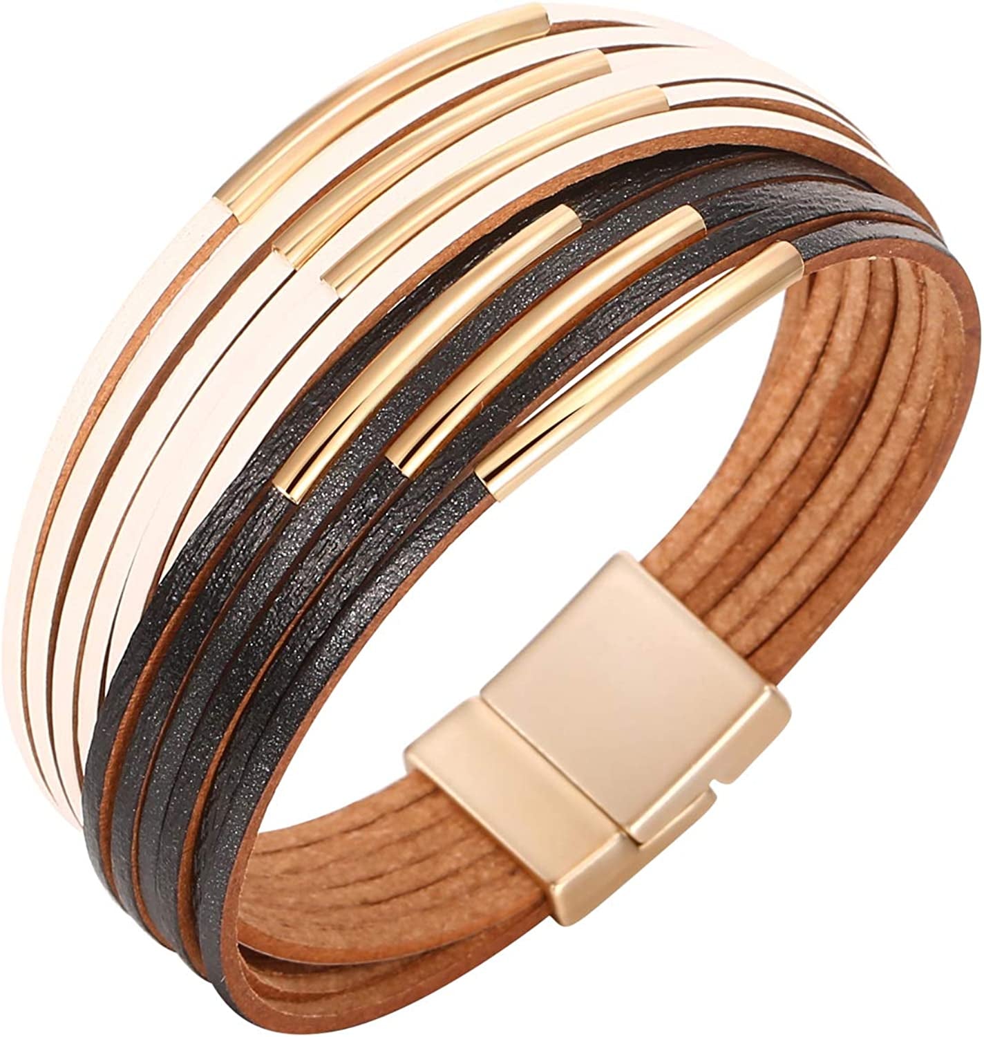Fesciory Leather Wrap Bracelet for Women, Leopard Multi-Layer Magnetic Buckle Cuff Bracelet Jewelry Apparel & Accessories > Jewelry > Bracelets Fesciory B33-Short White Black  