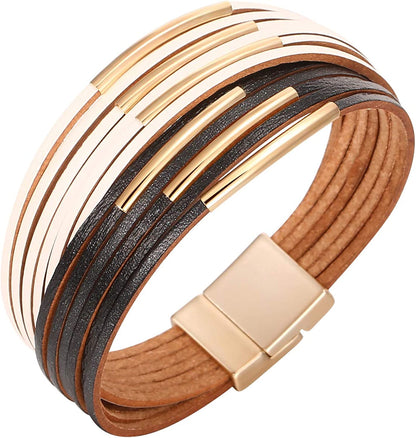 Fesciory Leather Wrap Bracelet for Women, Leopard Multi-Layer Magnetic Buckle Cuff Bracelet Jewelry Apparel & Accessories > Jewelry > Bracelets Fesciory B33-Short White Black  