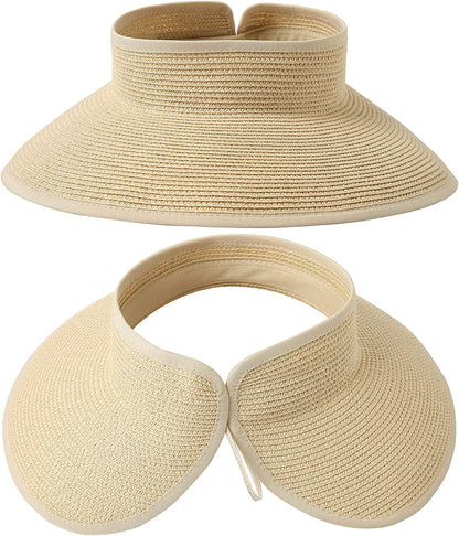 Lanzom Women Packable Hat Sun Visor Hats Wide Brim Straw Roll up Ponytail Summer Beach Hat UPF 50 Apparel & Accessories > Clothing Accessories > Hats Lanzom   