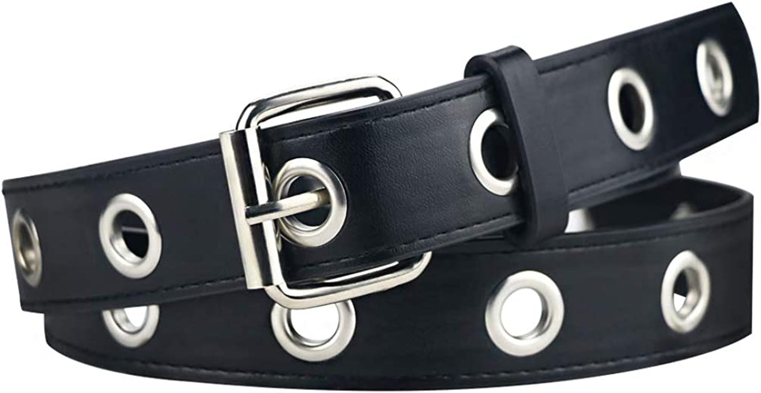 Grommet Leather Belts for Women, Black Belt Women Men with Double Studded Holes Apparel & Accessories > Clothing Accessories > Belts macoking Black-single Holes Fit for waist up to 41" 