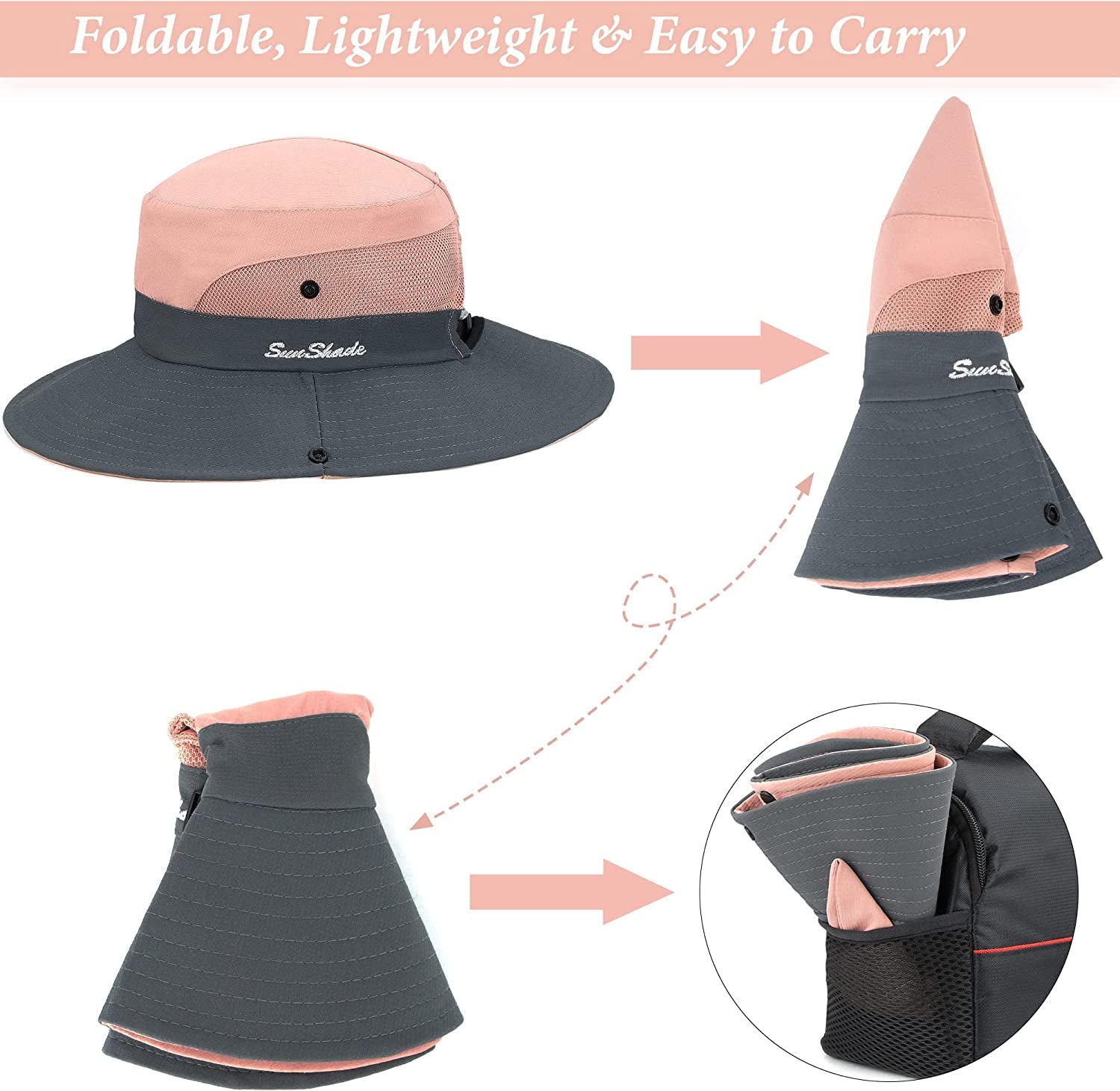 Sun Hat Womens Uv Protection Wide Brim Foldable Mesh Bucket Fishing Hat Ponytail Hole for Summer Hiking Swimming Beach Apparel & Accessories > Clothing Accessories > Hats UTOWO   