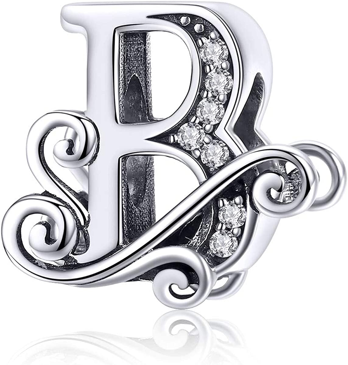 Solid 925 Sterling Silver with Cubic Stones, Complete A~Z Gift Options Alphabet Charm Letter Beads Fit Pandora European Bracelets Apparel & Accessories > Jewelry > Bracelets ABAOLALA ALPHABET B  
