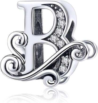 Solid 925 Sterling Silver with Cubic Stones, Complete A~Z Gift Options Alphabet Charm Letter Beads Fit Pandora European Bracelets Apparel & Accessories > Jewelry > Bracelets ABAOLALA ALPHABET B  