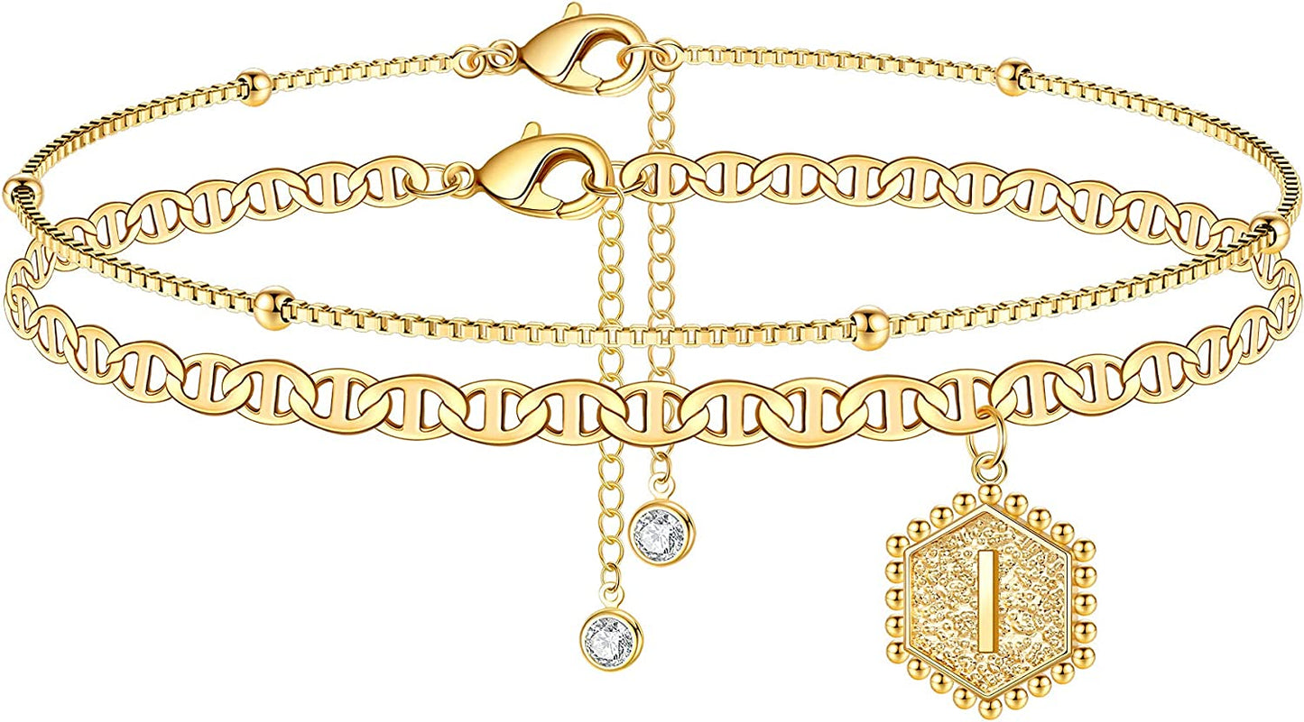 Turandoss Ankle Bracelets for Women Initial Anklet, 14K Gold Plated Handmade Layered Box Chain Flat Mariner Hexagon Anklet Letter Initial Ankle Bracelet for Women Gold Summer Beach Foot Jewelry Gifts Apparel & Accessories > Jewelry > Anklets Turandoss I  