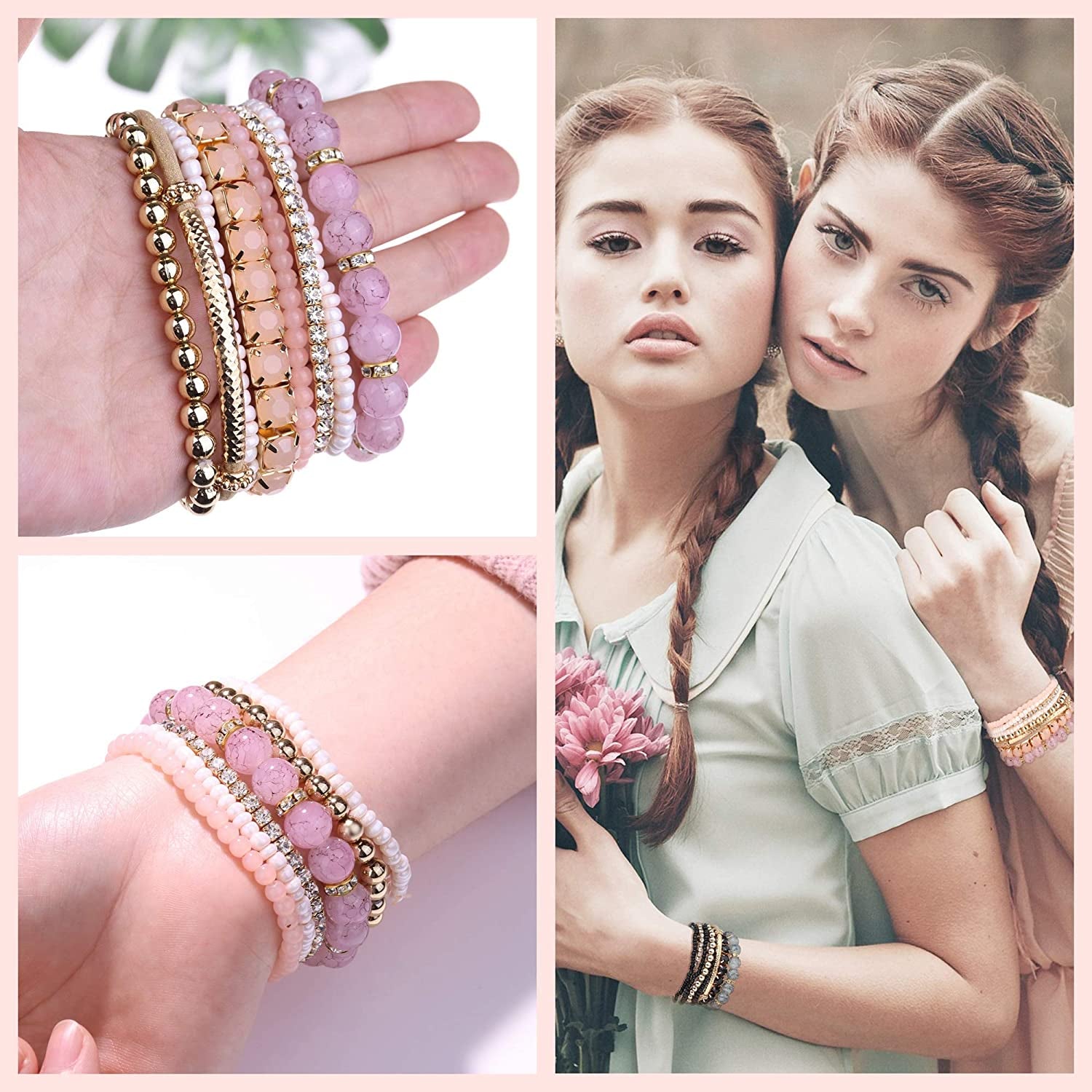 SAILIMUE 4-6 Sets Bohemian Stackable Bead Bracelets for Women Multicolor Stretch Beaded Bracelets Layered Bead Adjustable Bracelet Pink Black Turquoise Stretch Bracelets Apparel & Accessories > Jewelry > Bracelets sailimue   