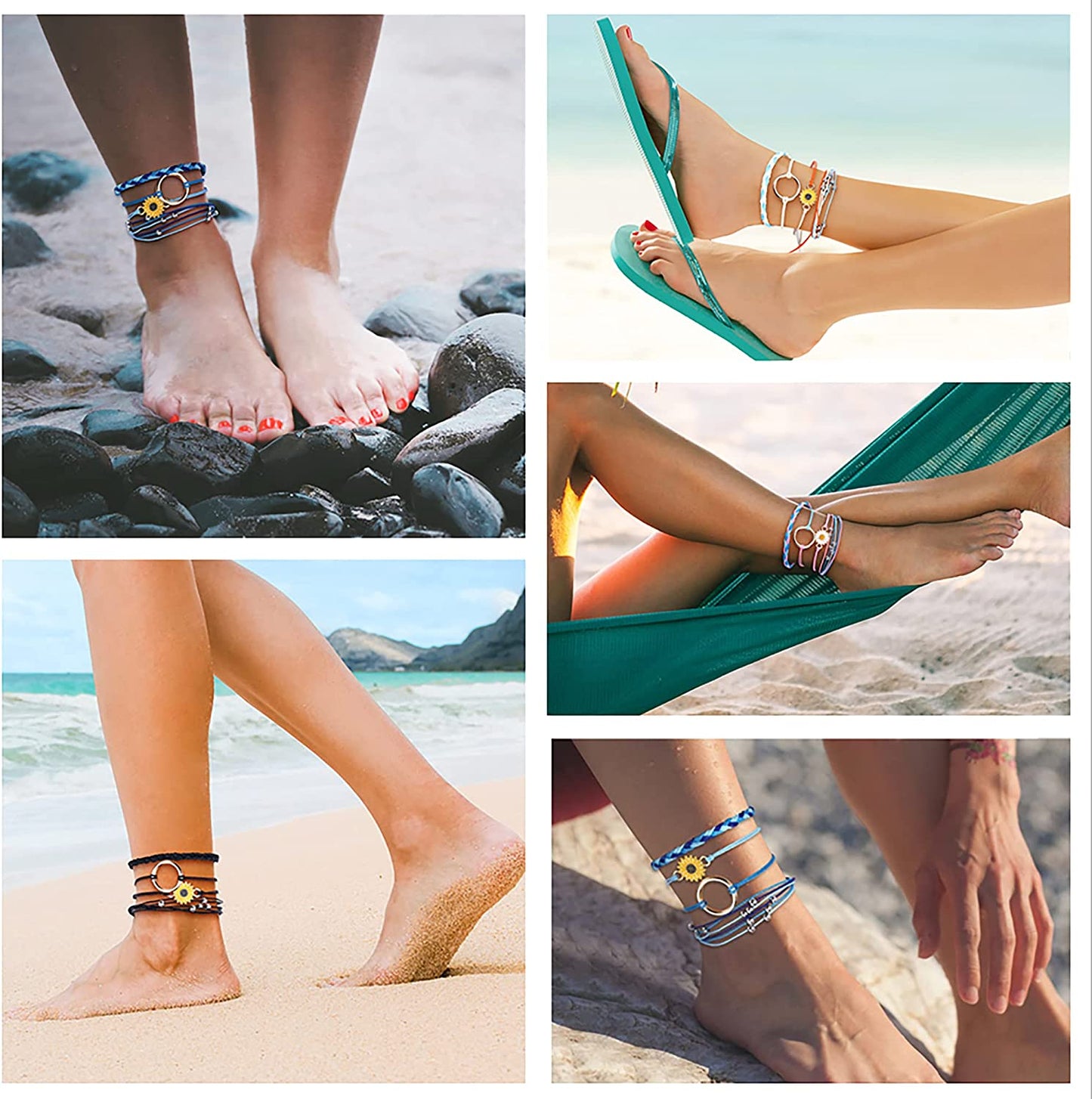 Top Plaza 4 Pcs Summer Surfer Wave Anklet Bracelets for Women Adjustable Strand Braided String Rope Bracelets Sunflower Friendship Bracelets Ocean Beach Jewelry for Women Teen Girls Apparel & Accessories > Jewelry > Anklets Top Plaza   