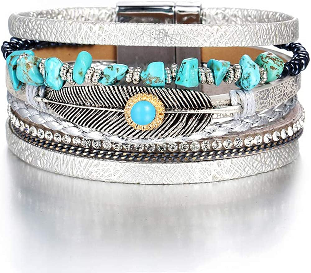 Fesciory Leopard Bracelet for Women Wrap Multi-Layer Leather Bracelet Magnetic Clasp Cuff Bangle Jewelry Apparel & Accessories > Jewelry > Bracelets Fesciory A7-Feather  