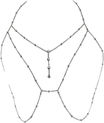 Sexy Rhinestone Bead Tassel Bikini Bra Body Chain for Women Girl Teen Exaggerated 14K Gold Silver Plated Seed Necklace Adjustable Summer Beach Body Jewelry Apparel & Accessories > Jewelry > Body Jewelry Caiyao D silver-2  
