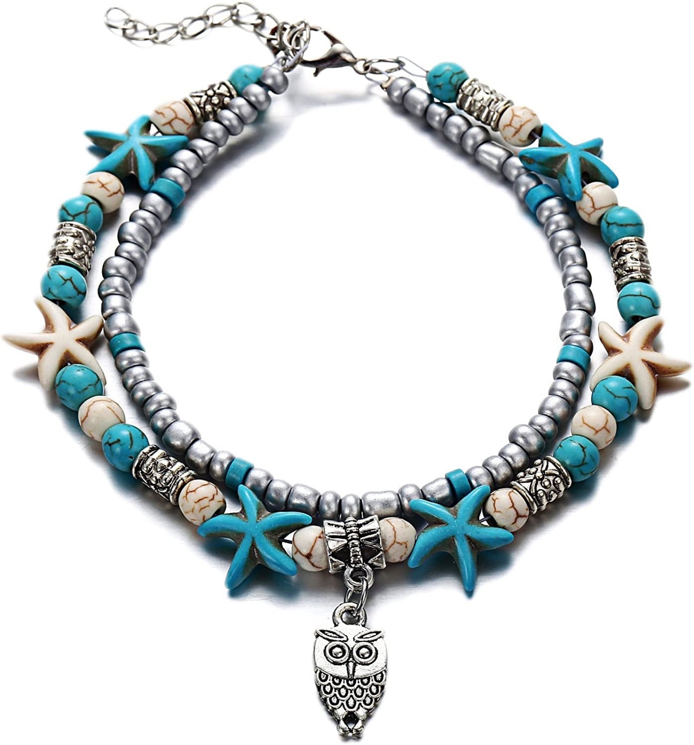 Softones Blue Starfish Turtle Anklet Multilayer Charm Beads Sea Handmade Boho Anklet Foot Jewelry for Women Girl Apparel & Accessories > Jewelry > Anklets Softones Q:Owl  