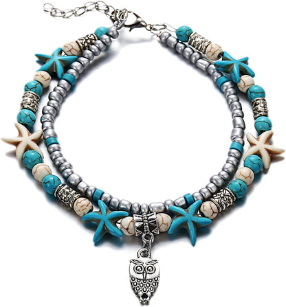 Softones Blue Starfish Turtle Anklet Multilayer Charm Beads Sea Handmade Boho Anklet Foot Jewelry for Women Girl Apparel & Accessories > Jewelry > Anklets Softones Q:Owl  