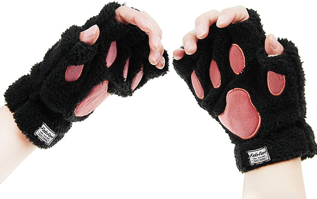 Fakeface Cute Cat Kitten Paw Fingerless Faux Fur Plush Gloves for Girls Women Apparel & Accessories > Clothing Accessories > Gloves & Mittens FakeFace   