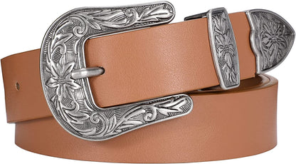 Women Leather Belts Ladies Vintage Western Design Black Waist Belt for Pants Jeans Dresses Apparel & Accessories > Clothing Accessories > Belts KYLIE MAX H-brown Suit Waist Size 23"-27" 